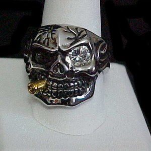 Stainless Steel Skeleton Ring w/Bullet in Mouth.